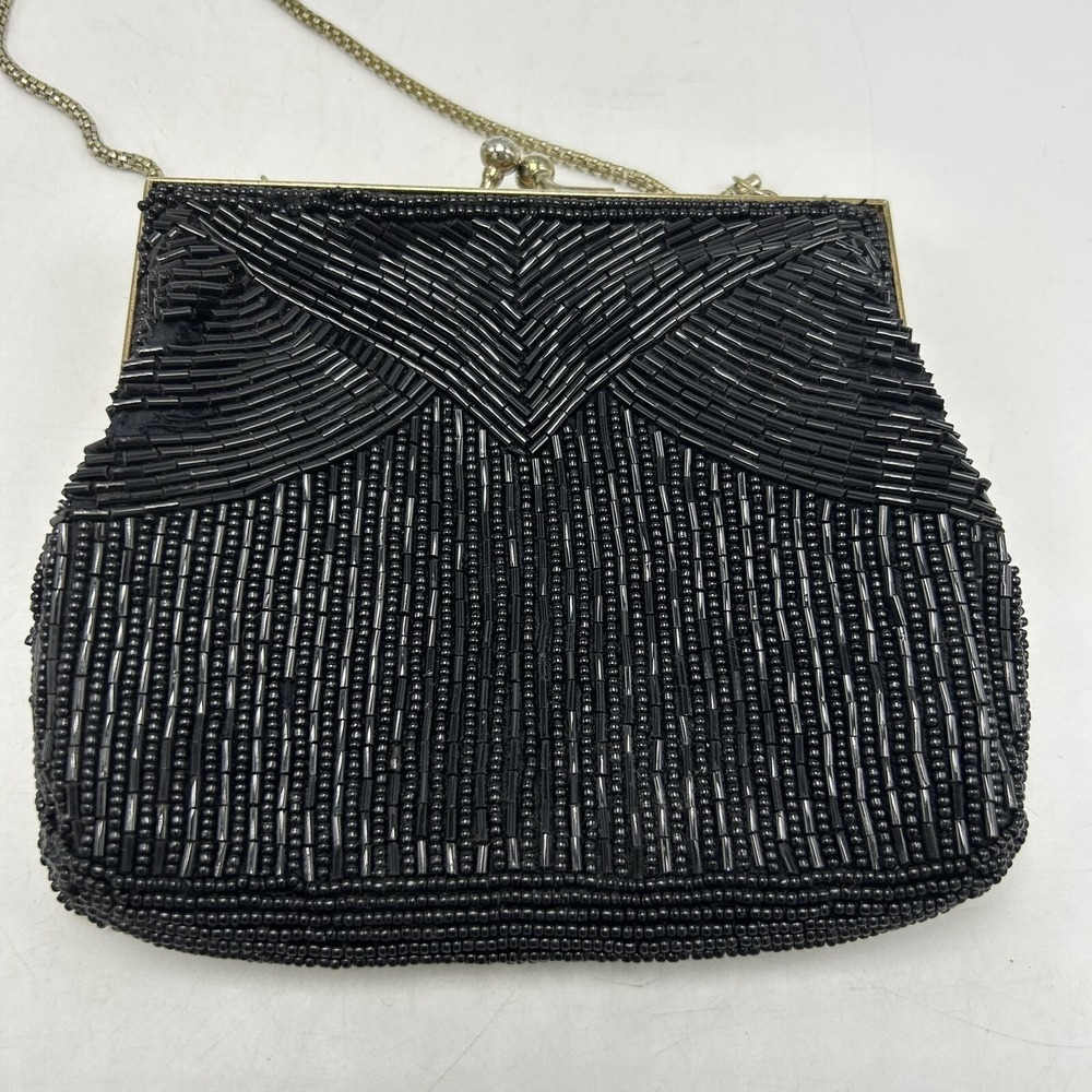 Magid Purse Evening Bag Black Beaded Metal Shoulder Strap Kiss Lock Event Read